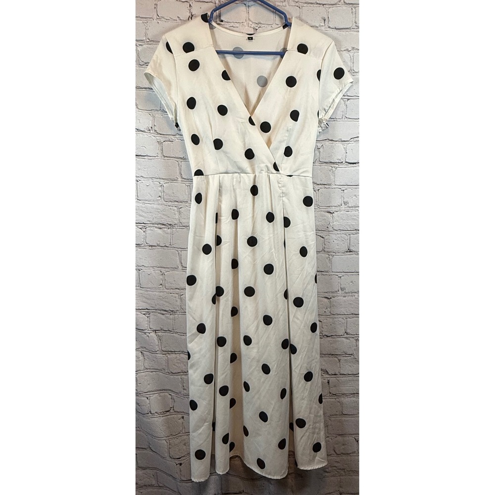 White Polka Dot Midi Dress V Neck Short Sleeve Casual‎ Summer Medium